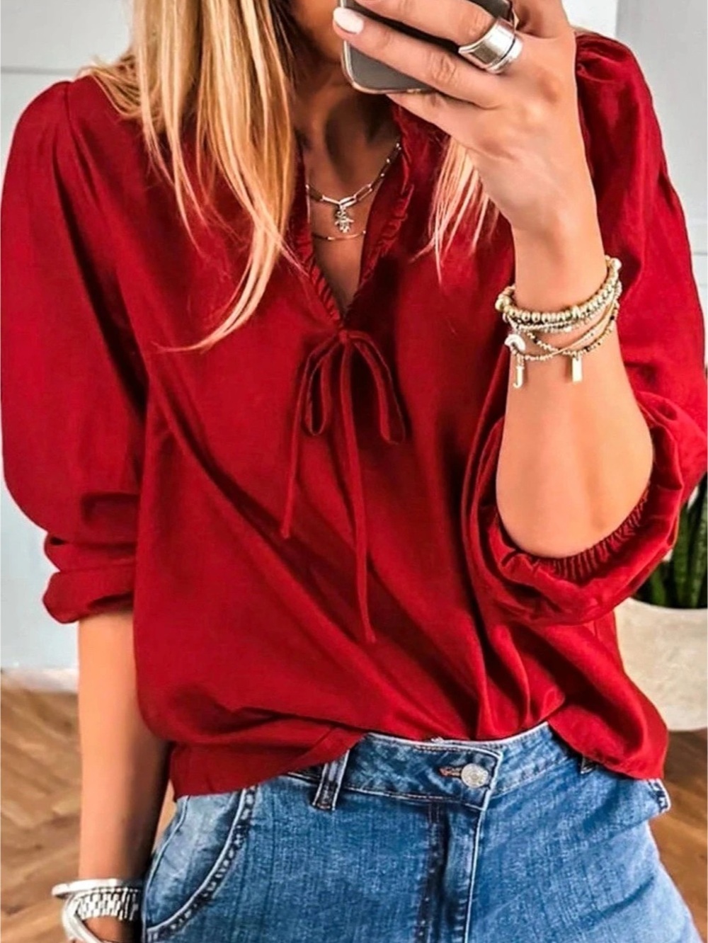 Red Tie-Neck Blouse NWT